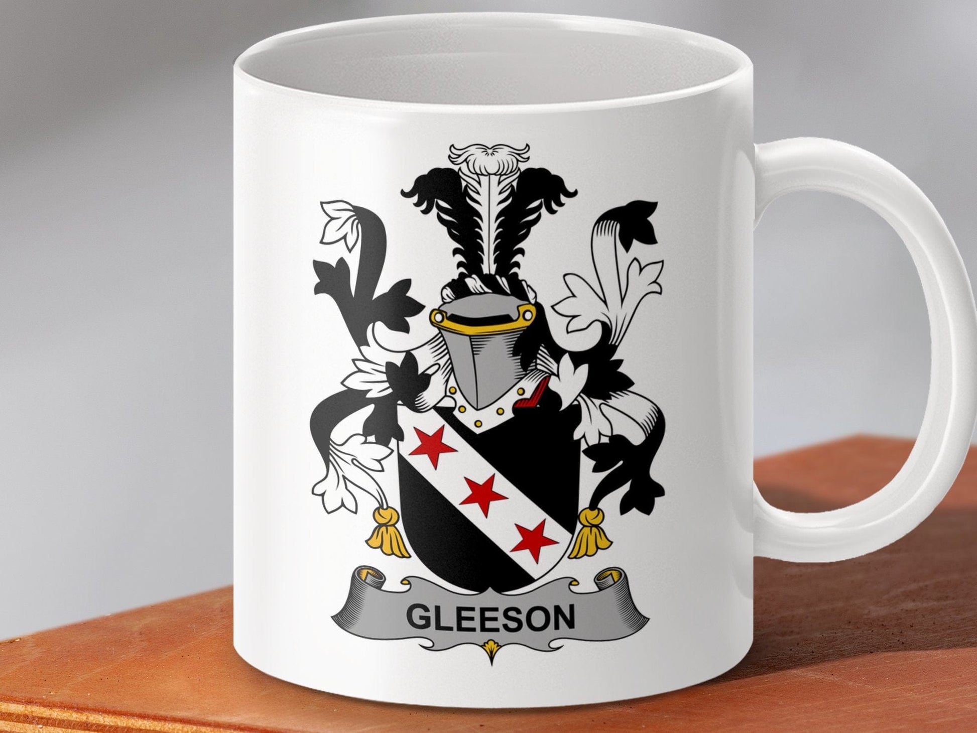 Physical Item 11oz / White Gleeson Surname Irish Heraldry Ceramic Mug