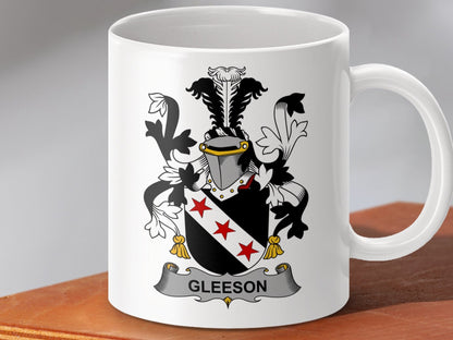 Physical Item 11oz / White Gleeson Surname Irish Heraldry Ceramic Mug