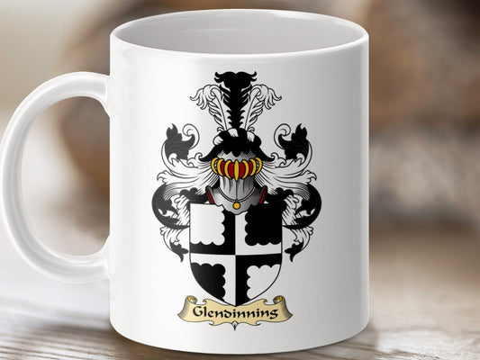 Physical Item 11oz / White Glendinning Clan Crest Emblem Design Scottish Mug