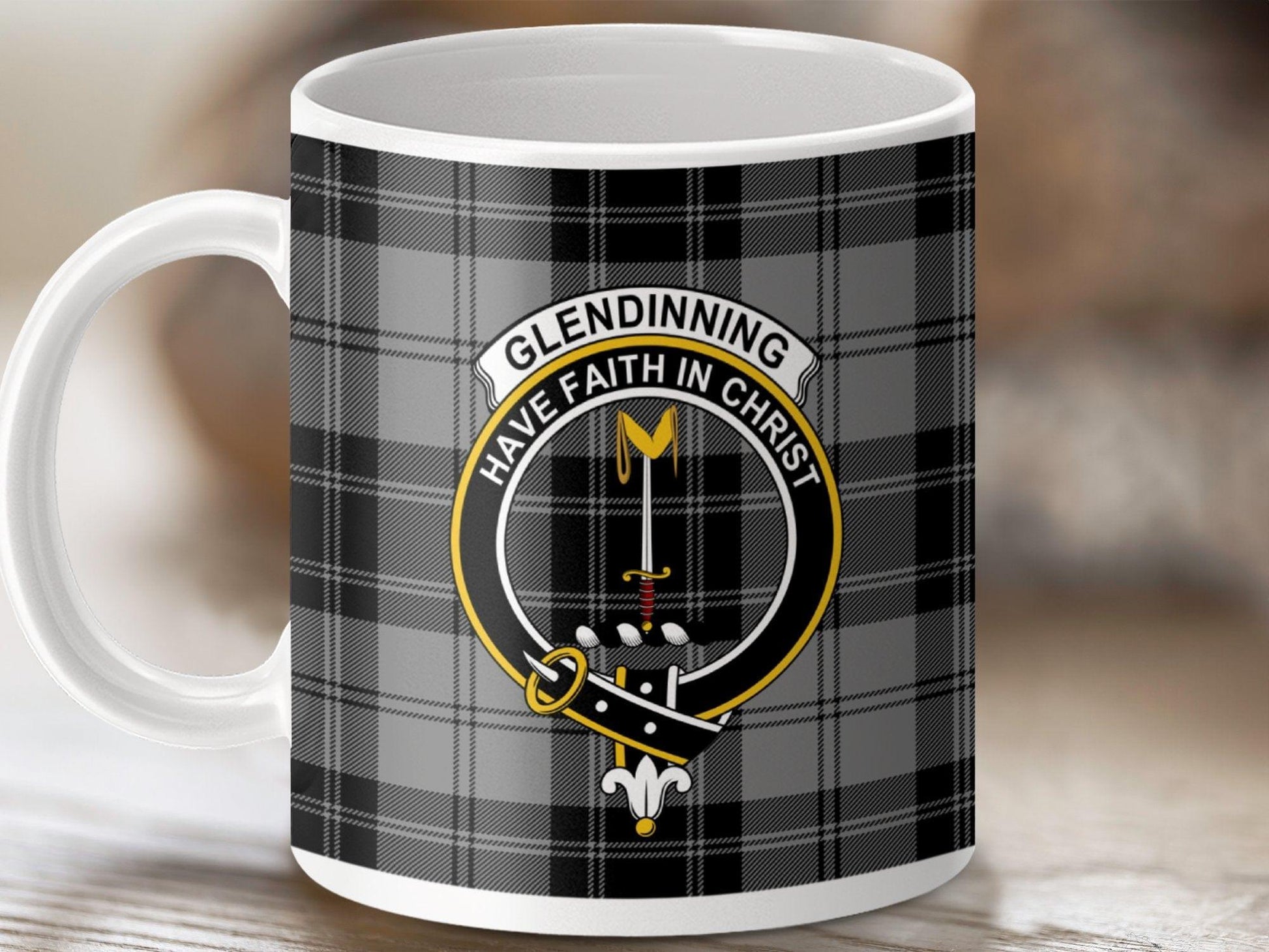 Physical Item 11oz / White Glendinning Clan Crest Tartan Scottish Mug