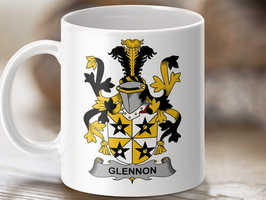 Physical Item 11oz / White Glennon Surname Irish Heraldry Ceramic Mug