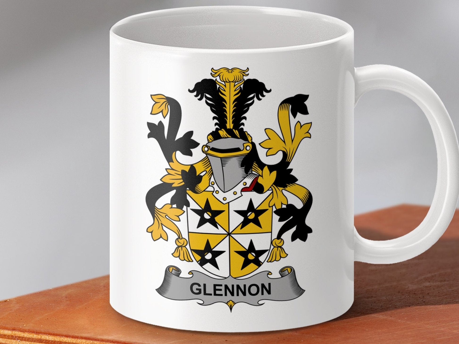 Physical Item 11oz / White Glennon Surname Irish Heraldry Ceramic Mug