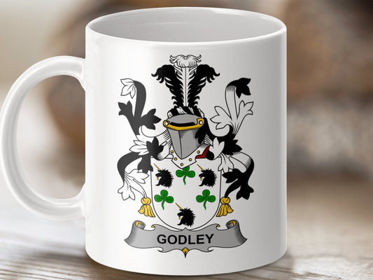 Physical Item 11oz / White Godley Surname Irish Heraldry Ceramic Mug