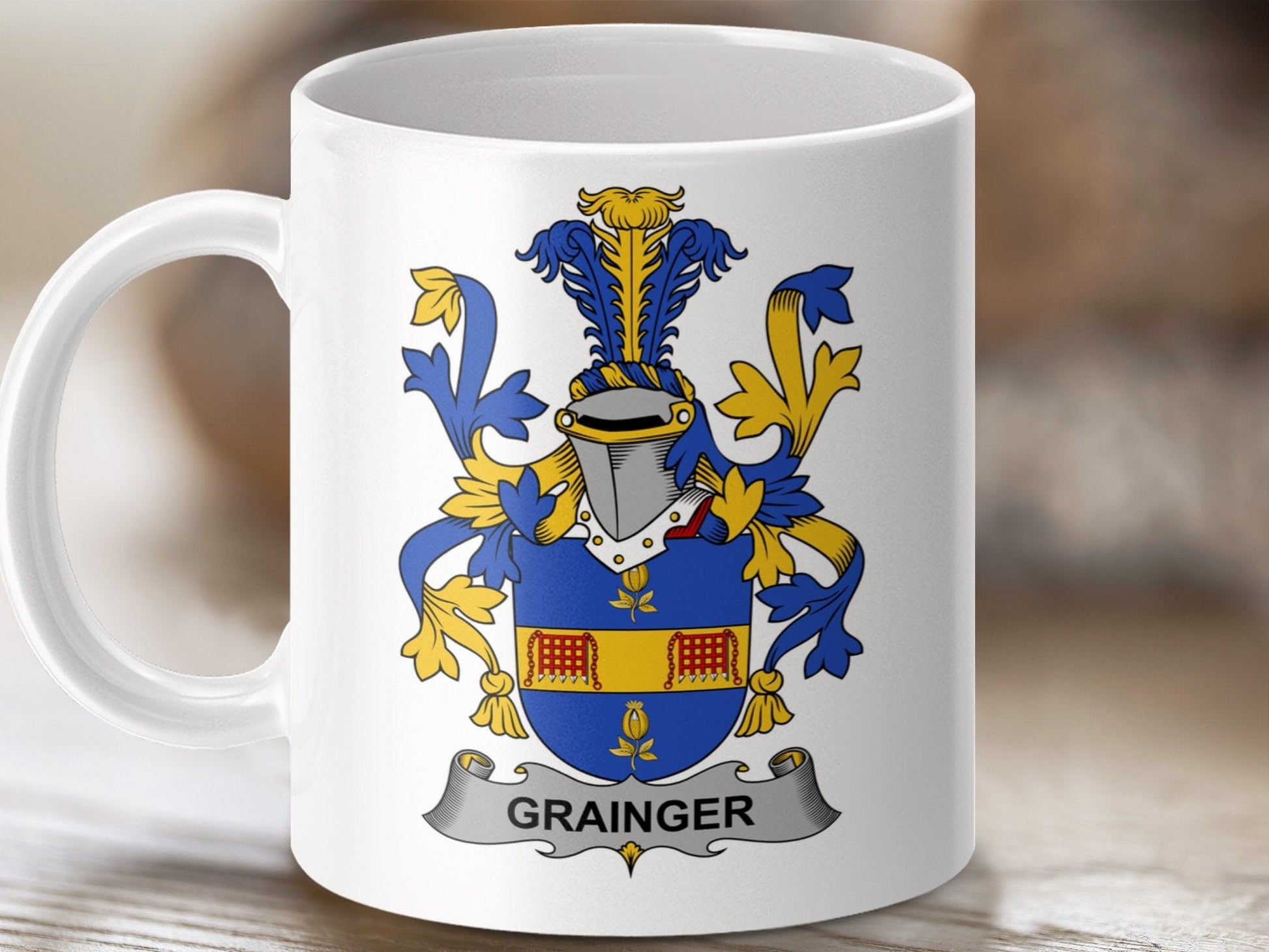 Physical Item 11oz / White Grainger Surname Irish Heraldry Ceramic Mug