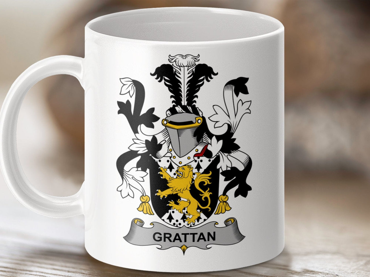 Physical Item 11oz / White Grattan Surname Irish Heraldry Ceramic Mug