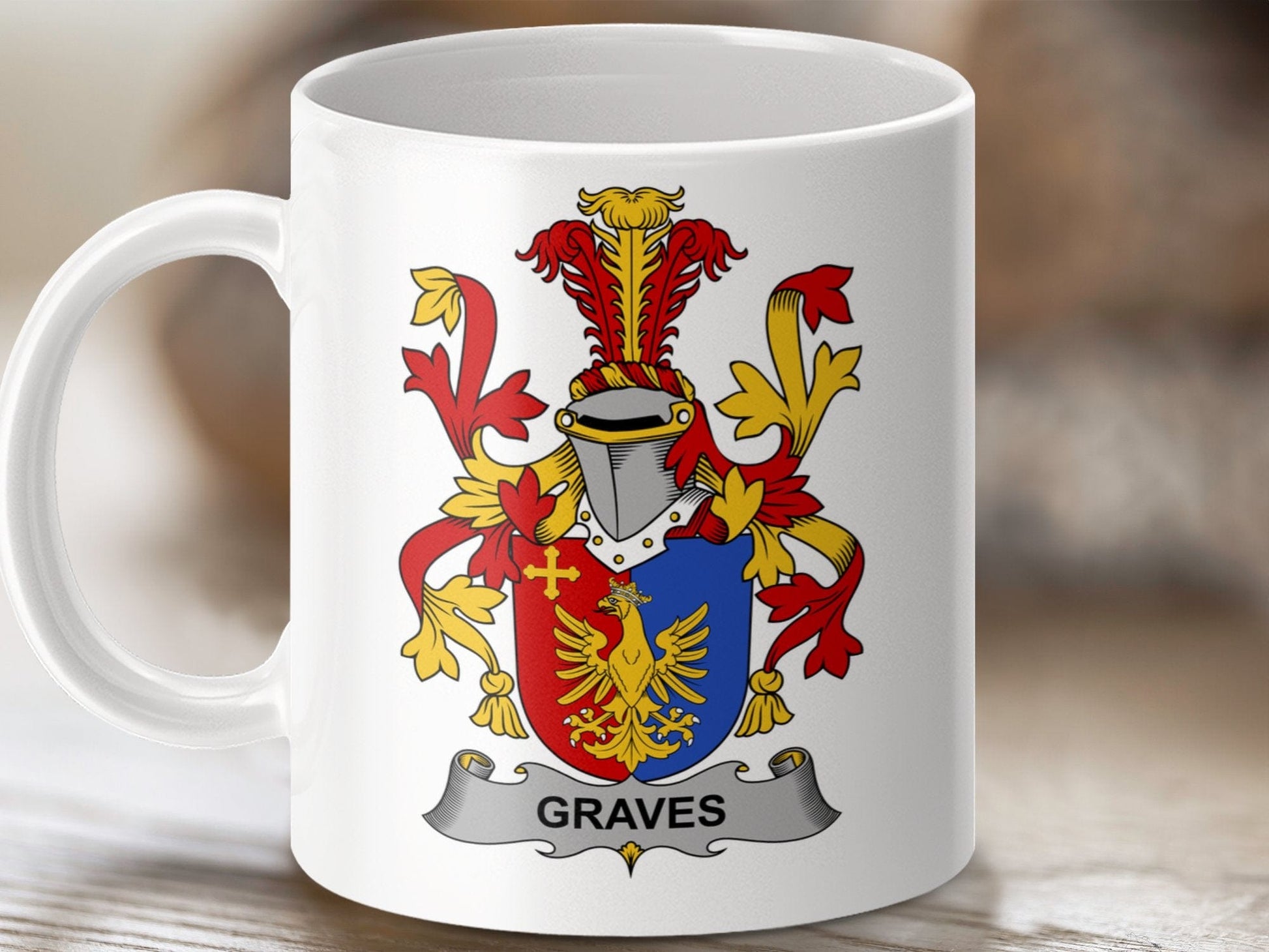 Physical Item 11oz / White Graves Surname Irish Heraldry Ceramic Mug