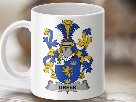 Physical Item 11oz / White Greer Surname Irish Heraldry Ceramic Mug