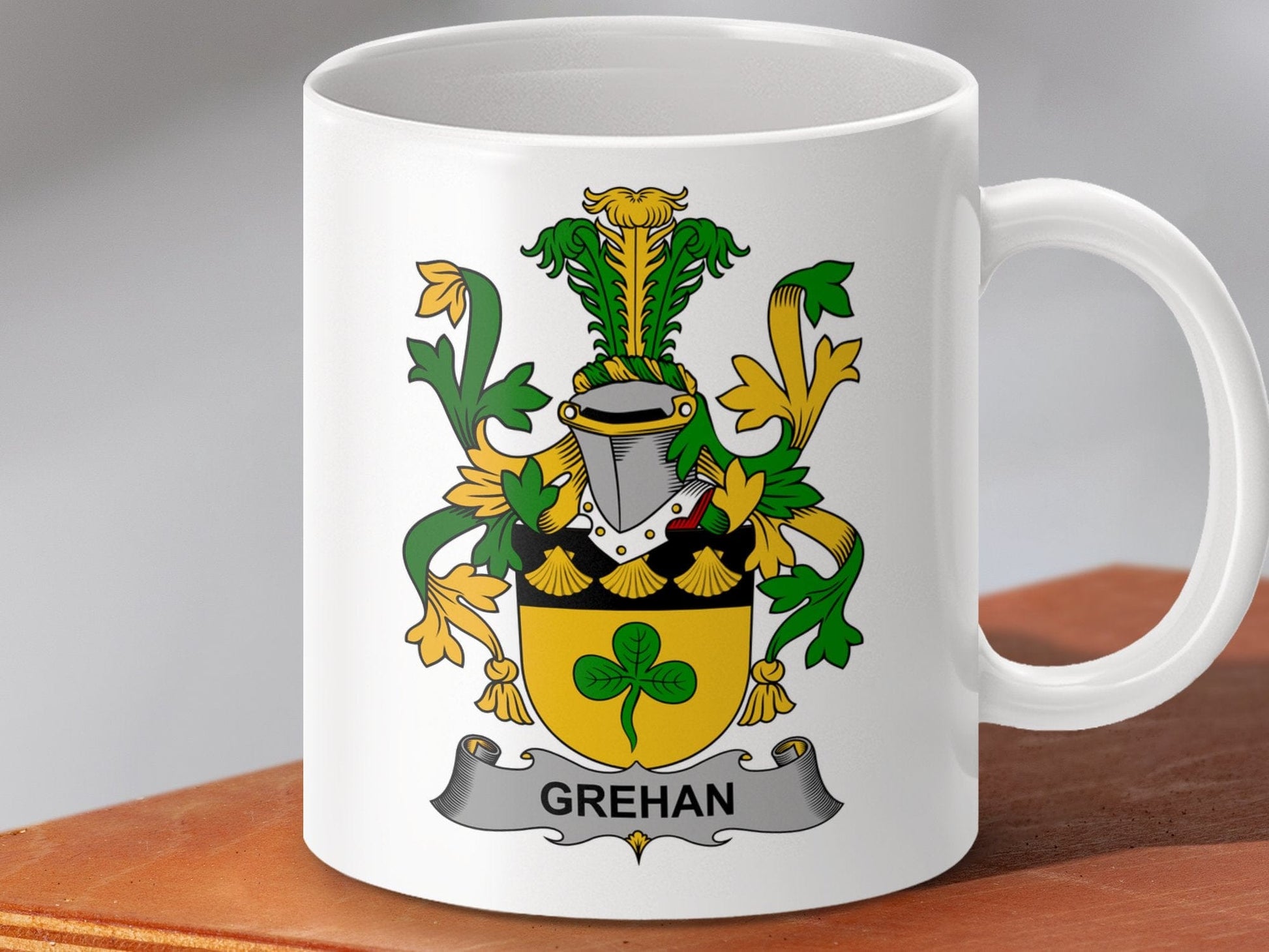 Physical Item 11oz / White Grehan Surname Irish Heraldry Ceramic Mug