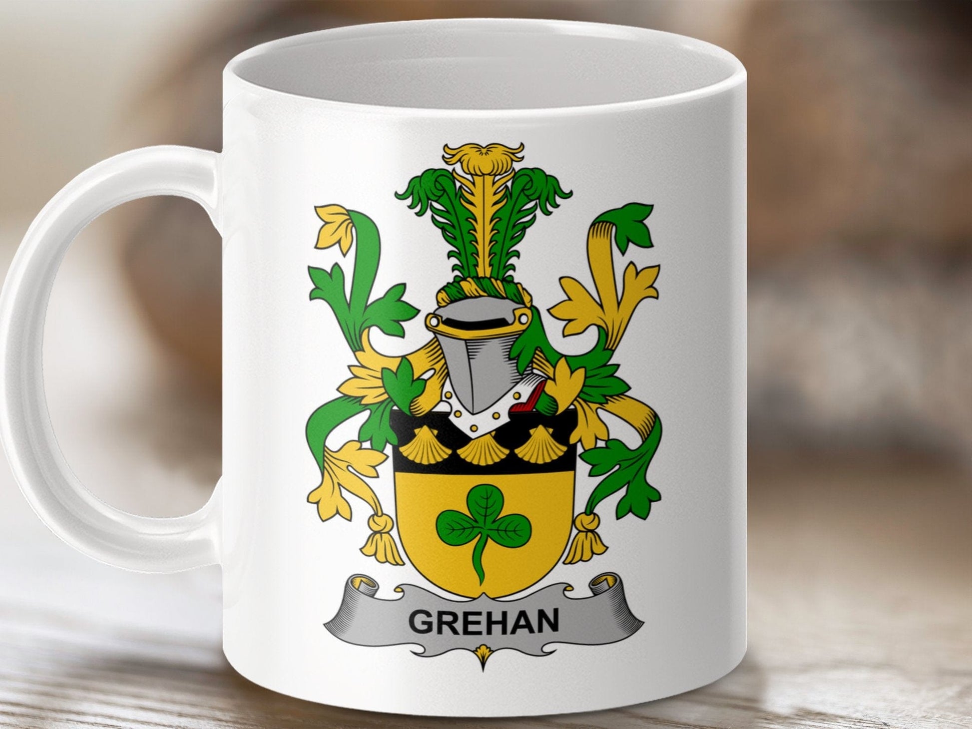 Physical Item 11oz / White Grehan Surname Irish Heraldry Ceramic Mug