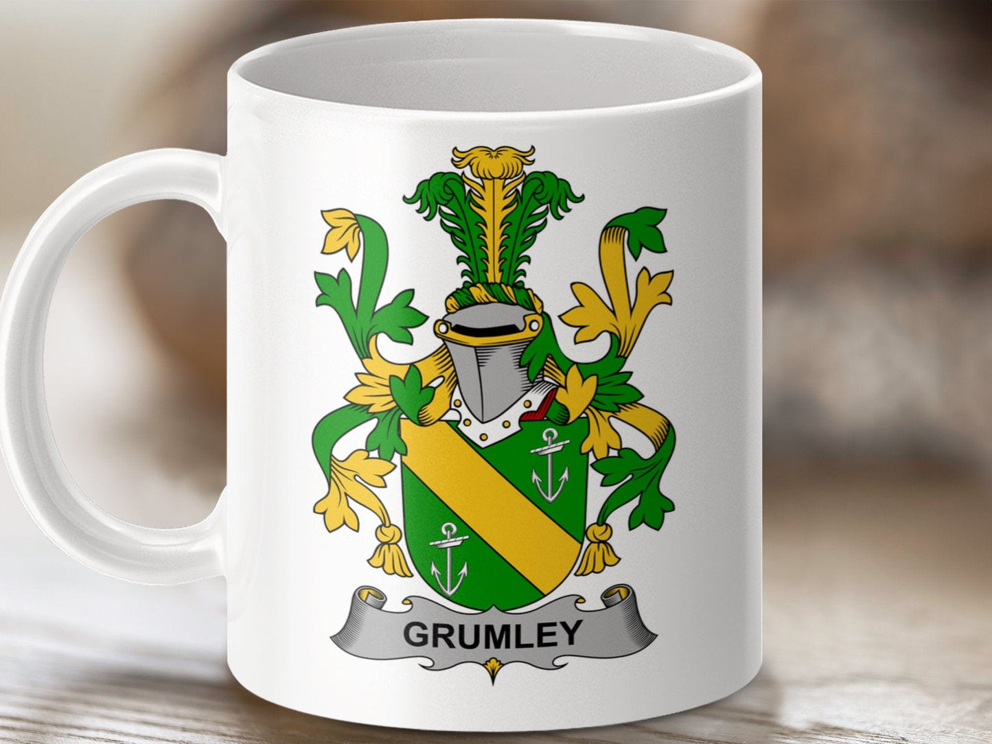 Physical Item 11oz / White Grumley Surname Irish Heraldry Ceramic Mug