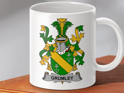 Physical Item 11oz / White Grumley Surname Irish Heraldry Ceramic Mug