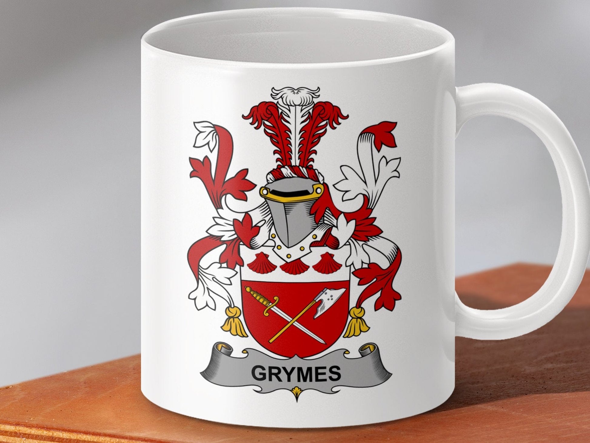 Physical Item 11oz / White Grymes Surname Irish Heraldry Ceramic Mug