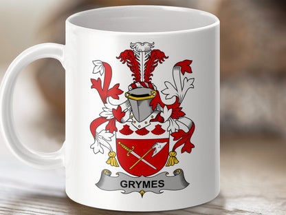 Physical Item 11oz / White Grymes Surname Irish Heraldry Ceramic Mug