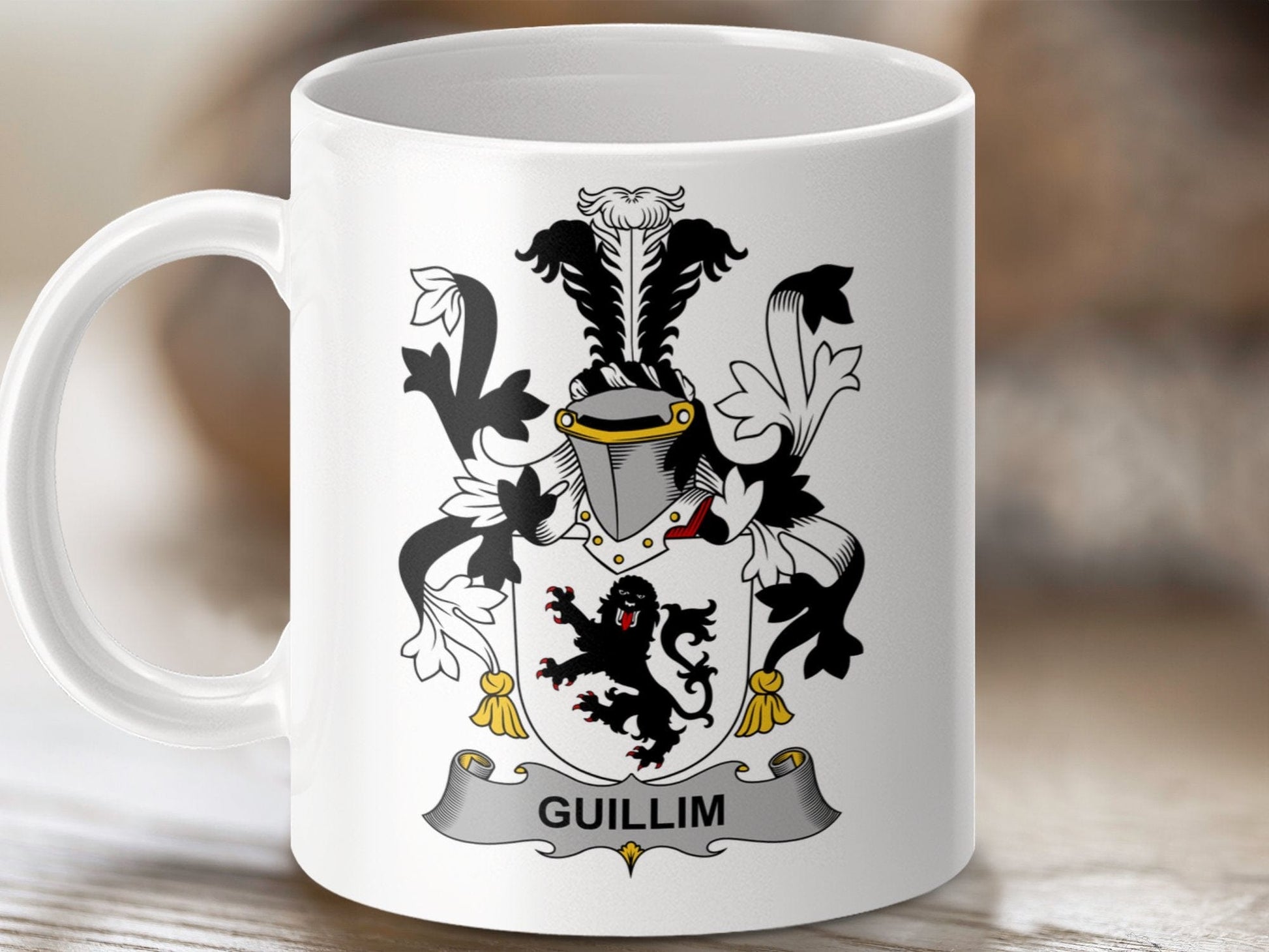 Physical Item 11oz / White Guillim Surname Irish Heraldry Ceramic Mug