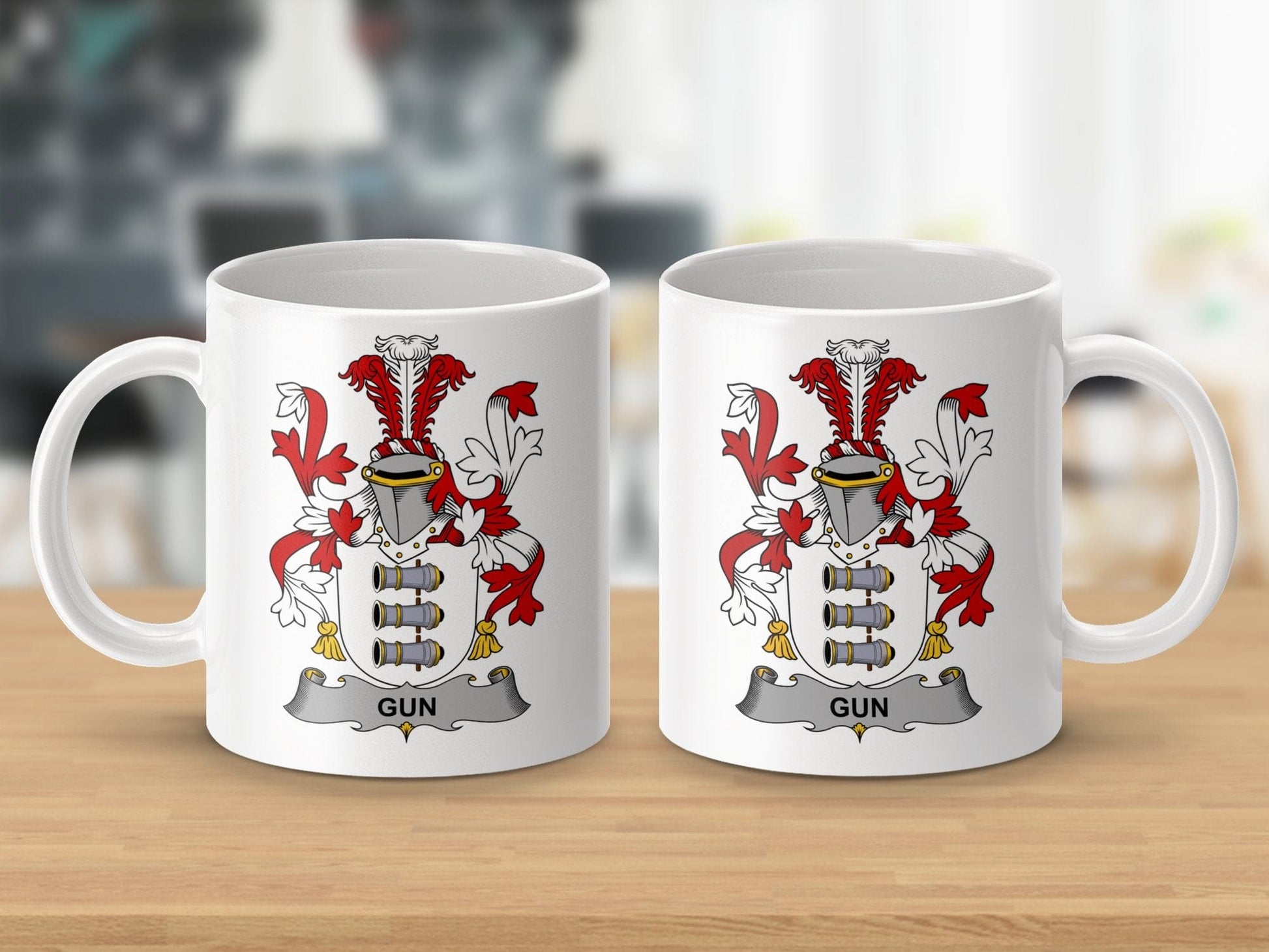 Physical Item 11oz / White Gun Surname Irish Family Crest Heritage Mug