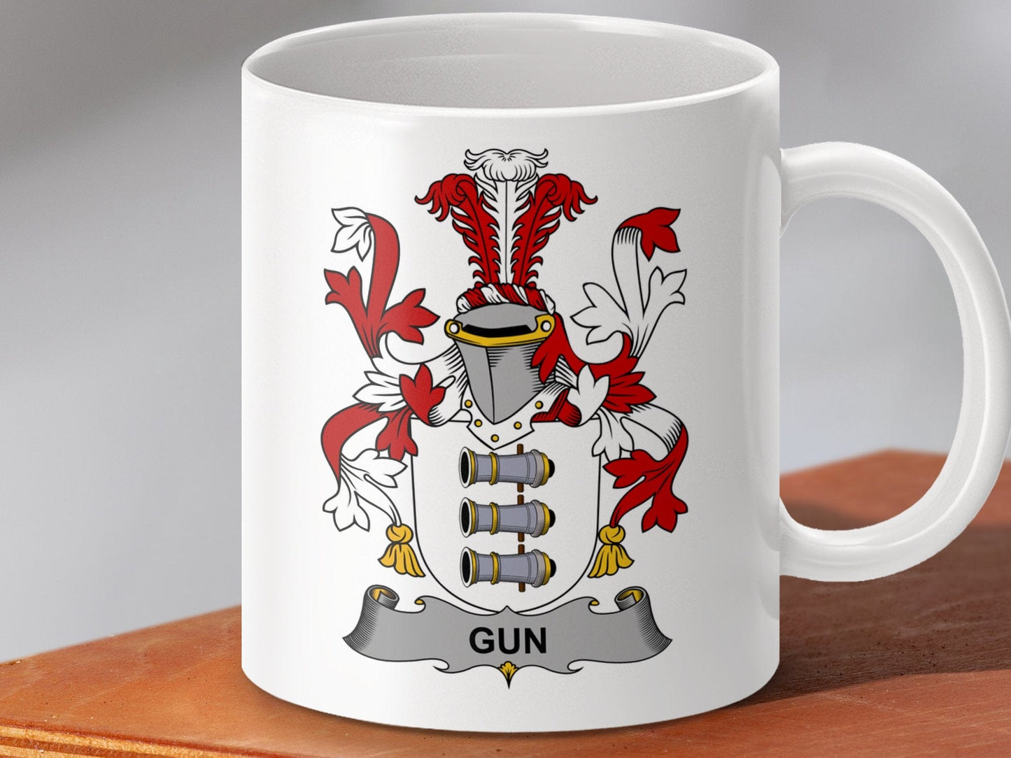 Physical Item 11oz / White Gun Surname Irish Family Crest Heritage Mug