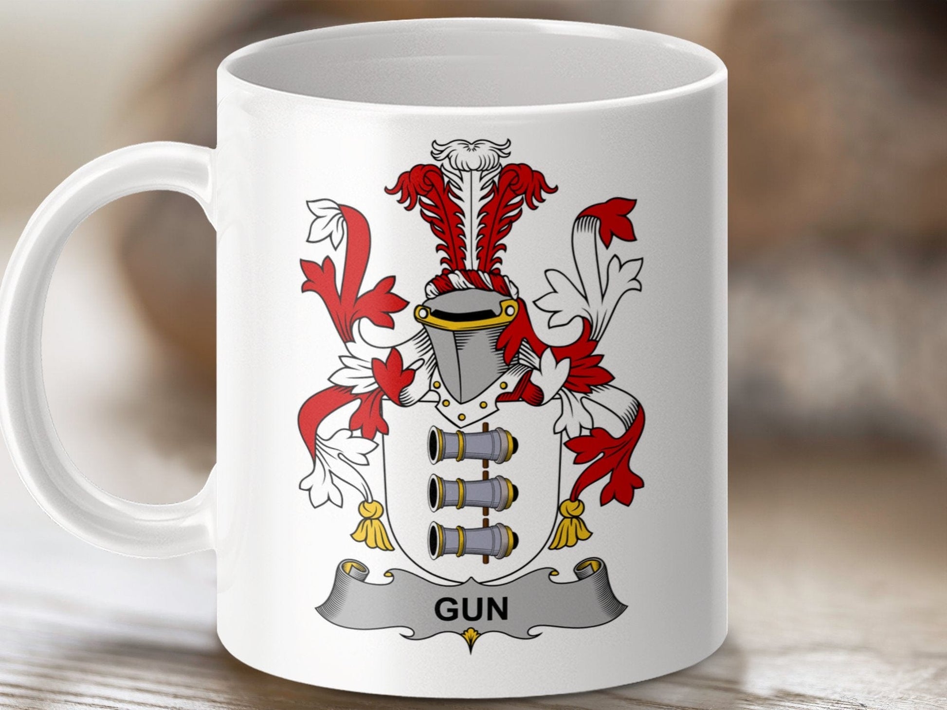 Physical Item 11oz / White Gun Surname Irish Family Crest Heritage Mug