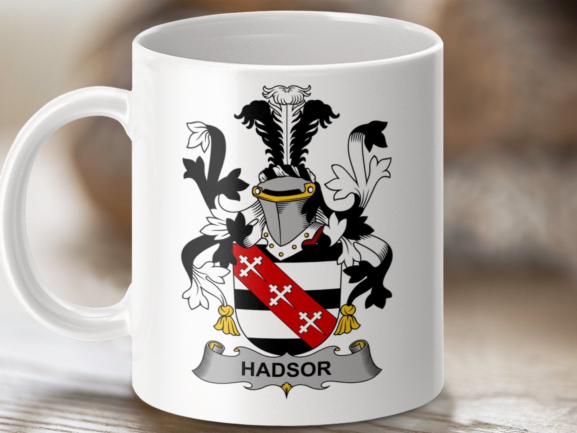 Physical Item 11oz / White Hadsor Surname Irish Heraldry Ceramic Mug