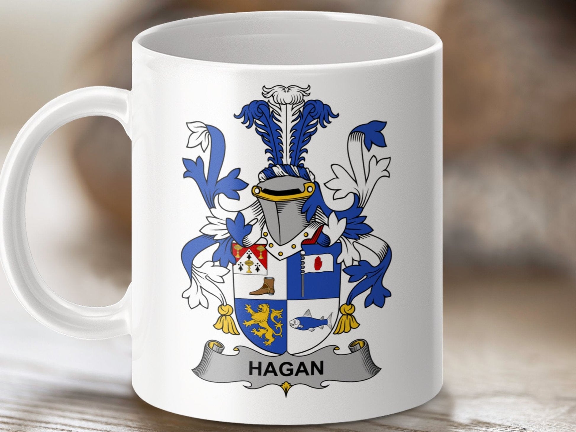 Physical Item 11oz / White Hagan Surname Irish Heraldry Ceramic Mug