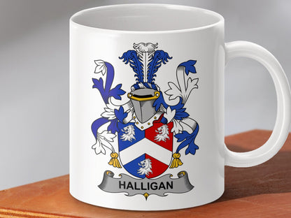 Physical Item 11oz / White Halligan Surname Irish Heraldry Ceramic Mug