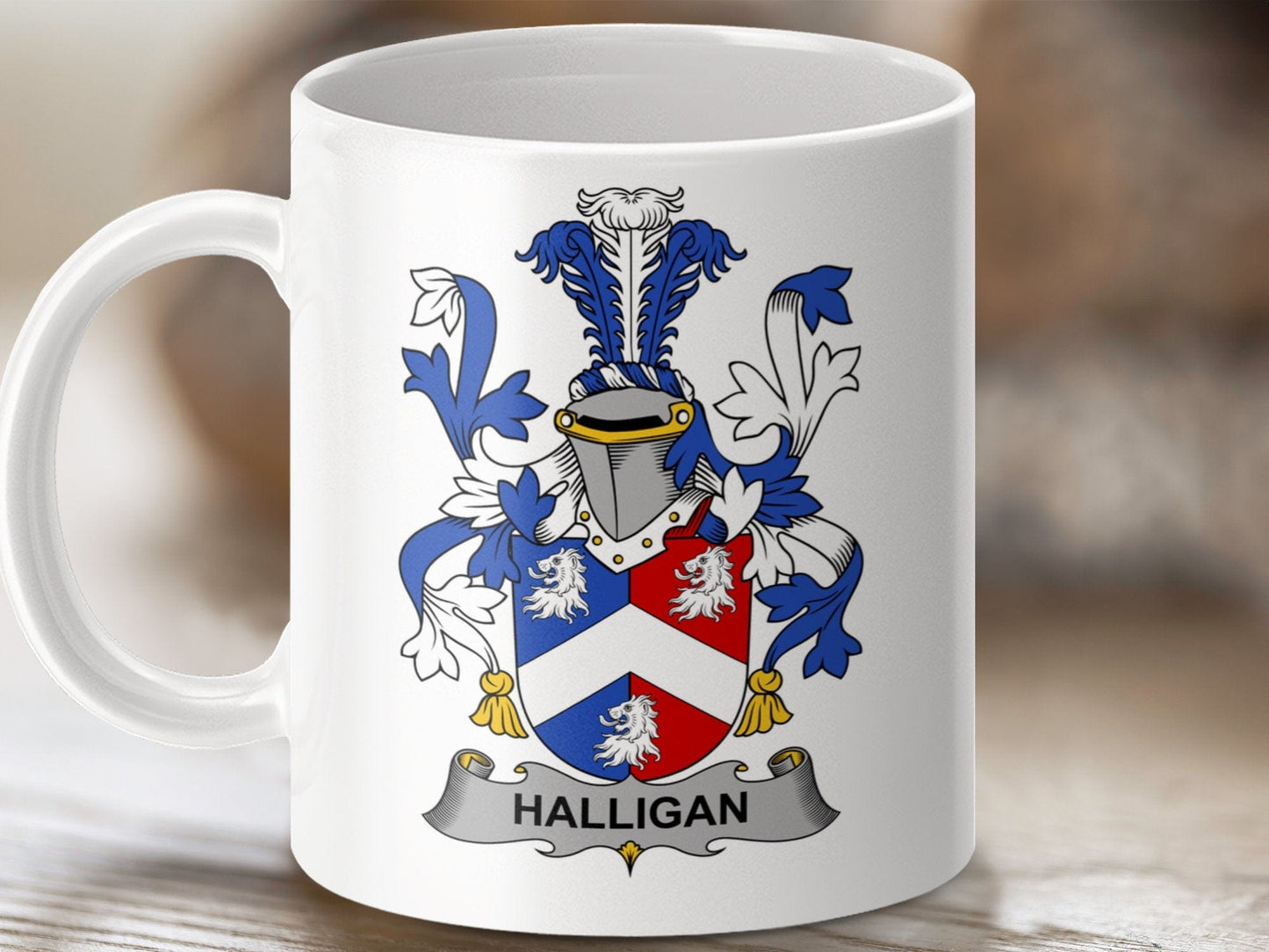 Physical Item 11oz / White Halligan Surname Irish Heraldry Ceramic Mug