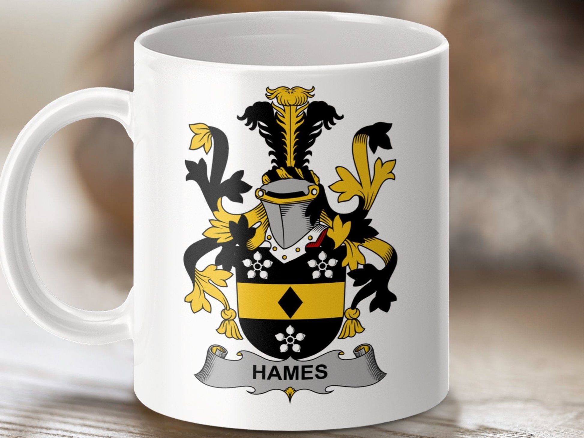 Physical Item 11oz / White Hames Surname Irish Heraldry Ceramic Mug