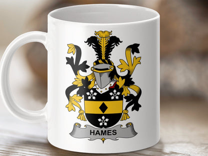 Physical Item 11oz / White Hames Surname Irish Heraldry Ceramic Mug