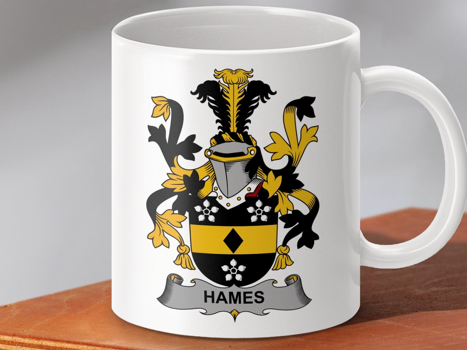 Physical Item 11oz / White Hames Surname Irish Heraldry Ceramic Mug