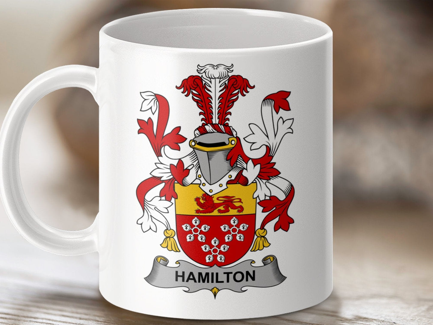 Physical Item 11oz / White Hamilton Surname Irish Heraldry Ceramic Mug