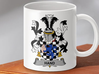 Physical Item 11oz / White Hand Surname Irish Heraldry Ceramic Mug