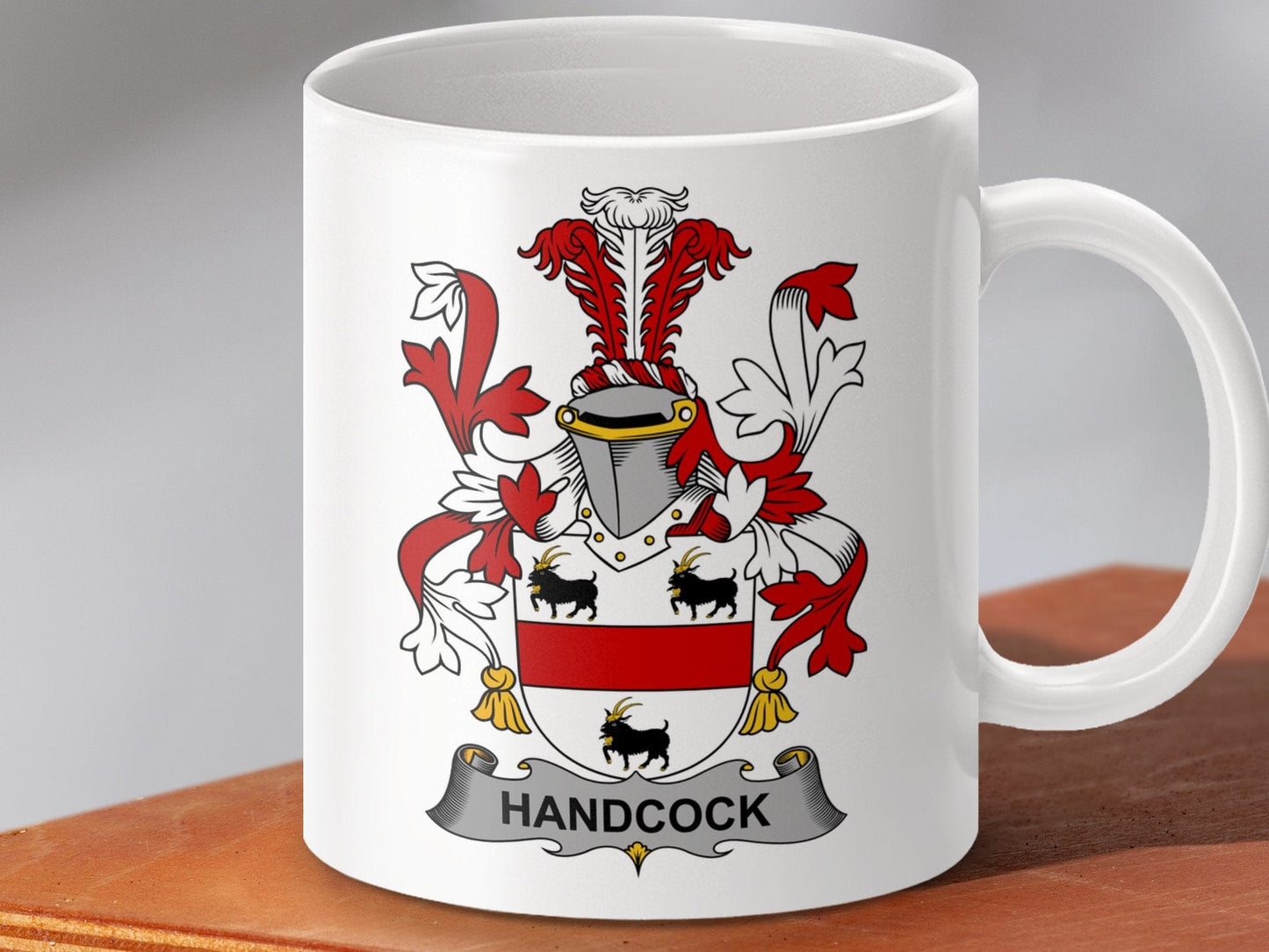 Physical Item 11oz / White Handcock Irish Surname Coat of Arms Heraldry Mug