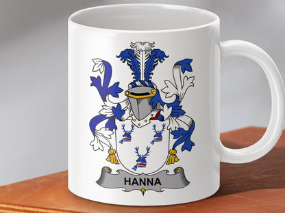 Physical Item 11oz / White Hanna Surname Irish Heraldry Ceramic Mug