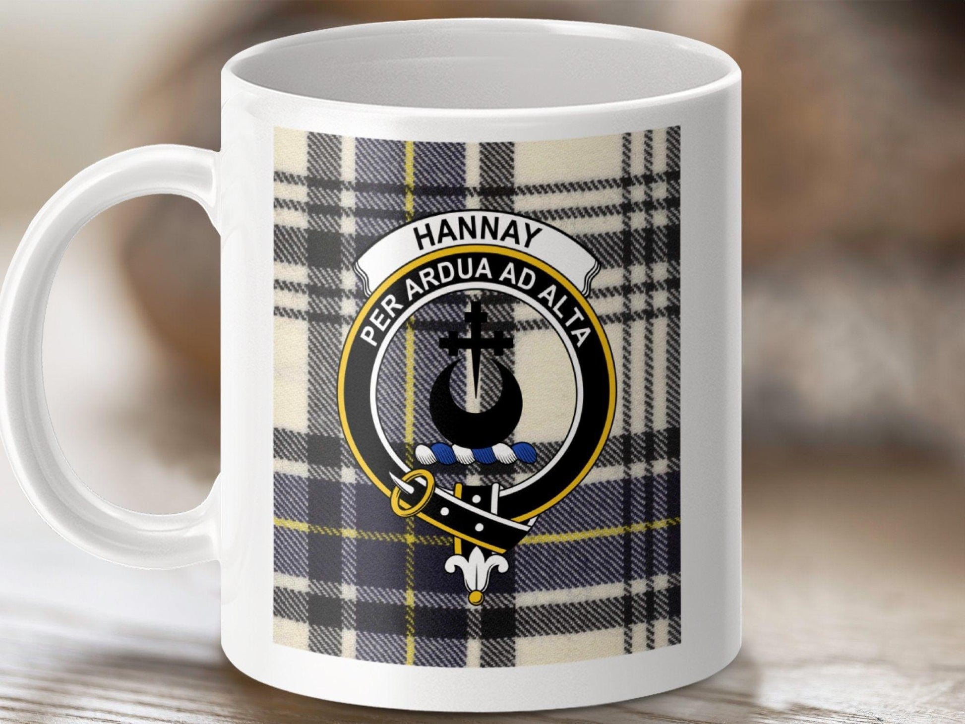 Physical Item 11oz / White Hannay Clan Scottish Tartan Crest Mug