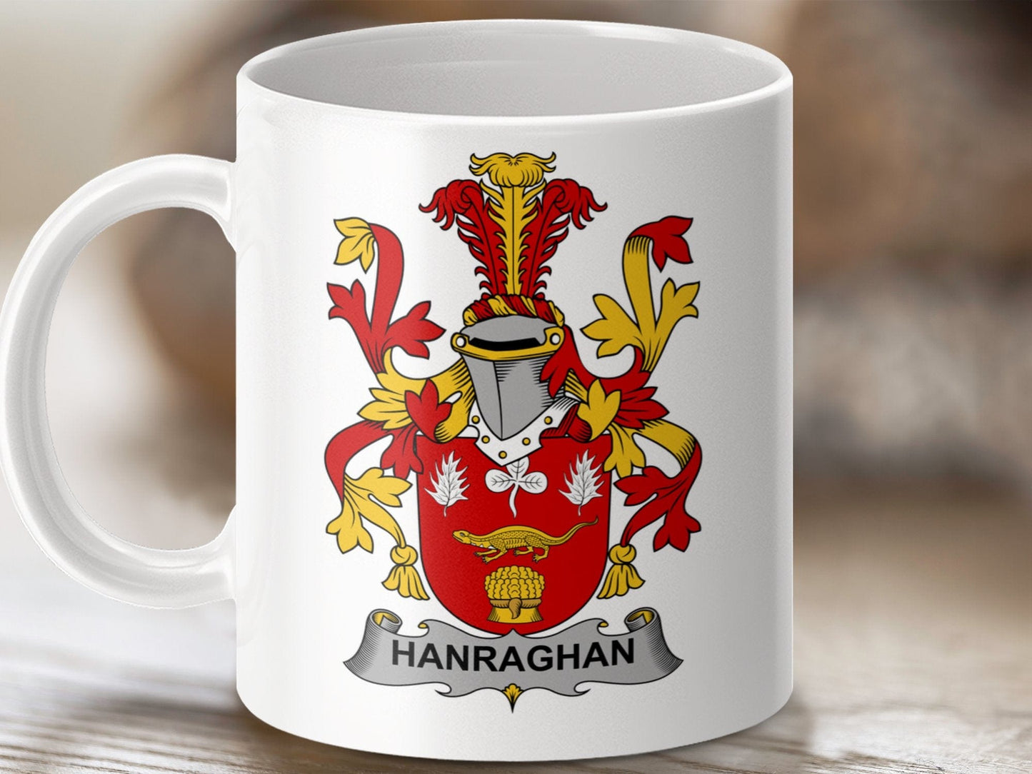 Physical Item 11oz / White Hanraghan Surname Irish Heraldry Ceramic Mug