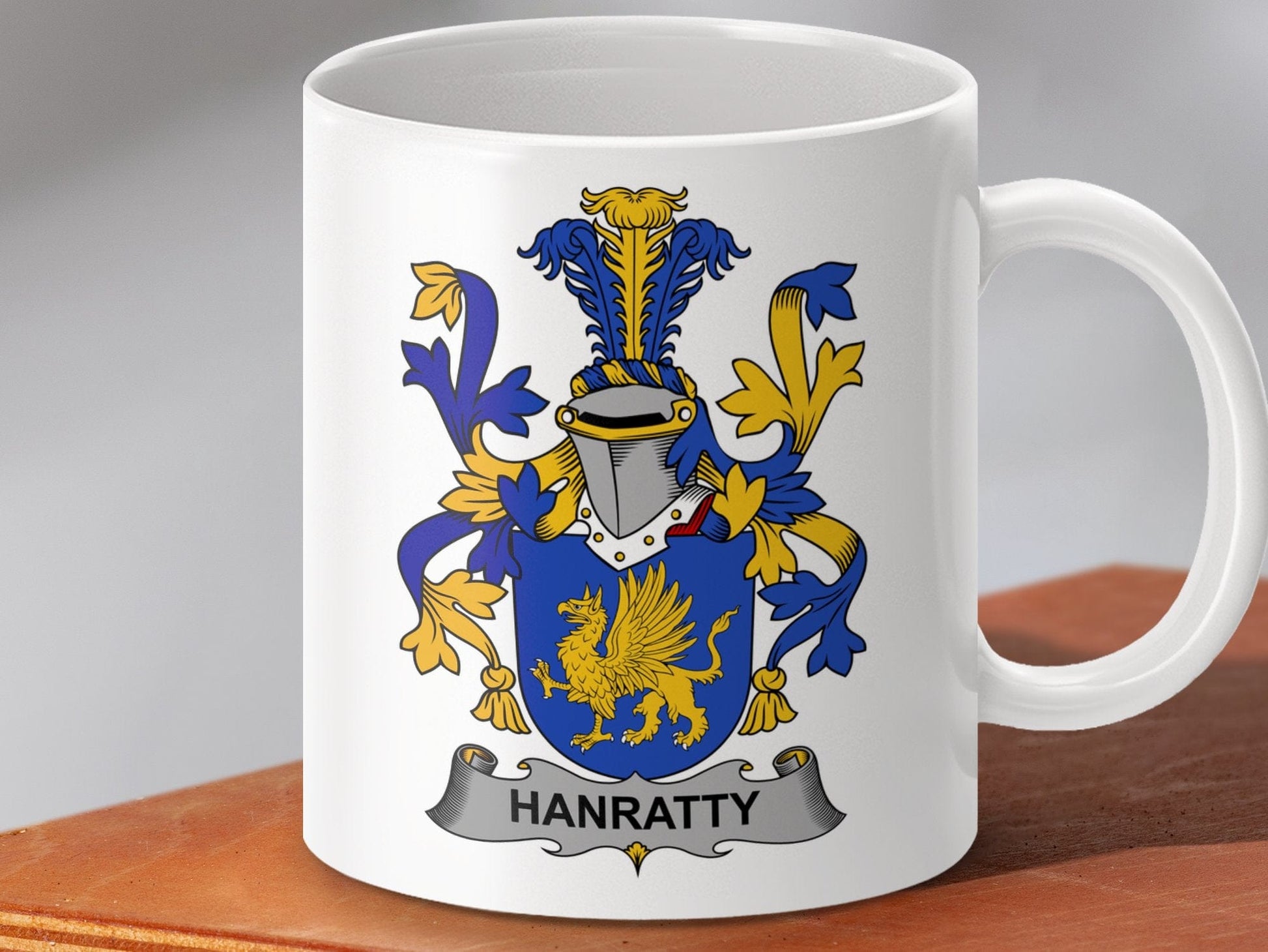 Physical Item 11oz / White Hanratty Surname Irish Heraldry Ceramic Mug