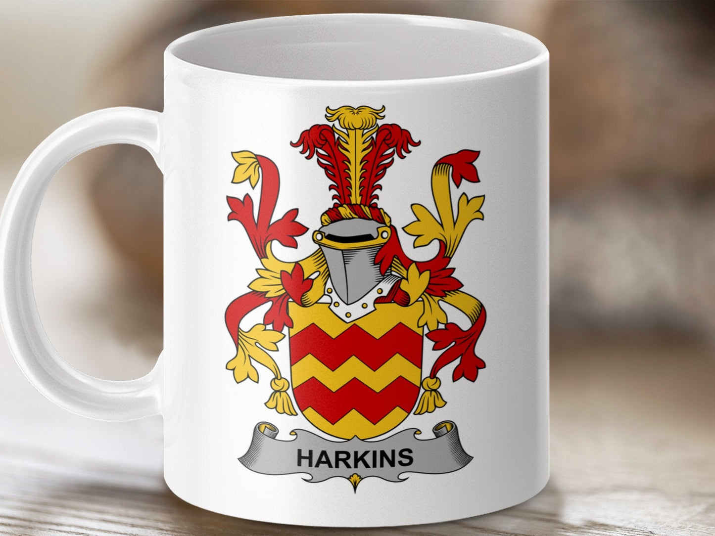 Physical Item 11oz / White Harkins Surname Irish Heraldry Coffee Mug