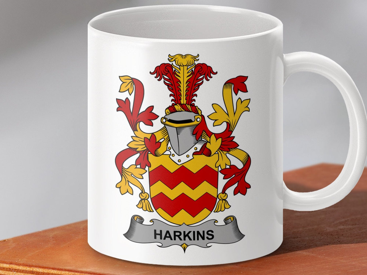 Physical Item 11oz / White Harkins Surname Irish Heraldry Coffee Mug