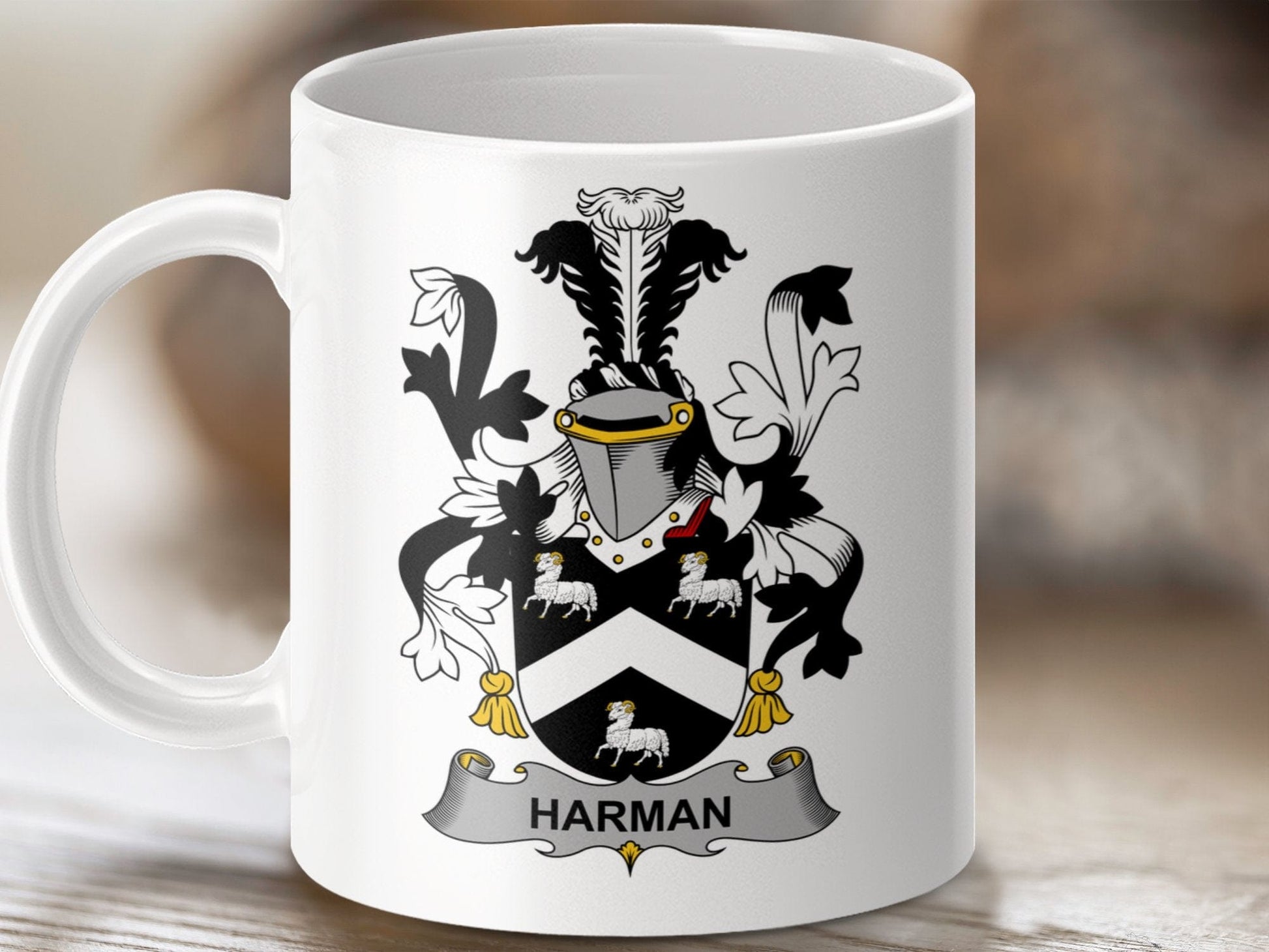 Physical Item 11oz / White Harman Surname Irish Heraldry Coat of Arms Mug