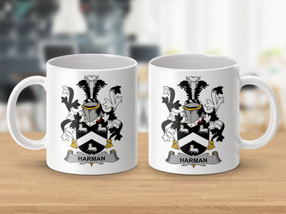 Physical Item 11oz / White Harman Surname Irish Heraldry Coat of Arms Mug