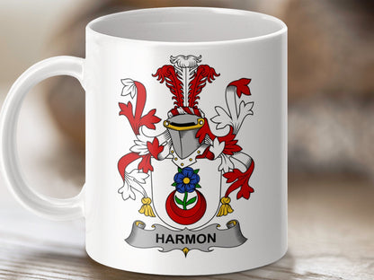 Physical Item 11oz / White Harmon Surname Irish Heraldry Ceramic Mug