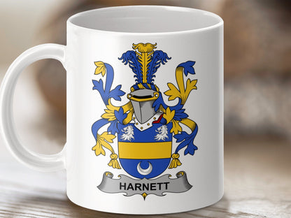 Physical Item 11oz / White Harnett Surname Irish Heraldry Ceramic Mug