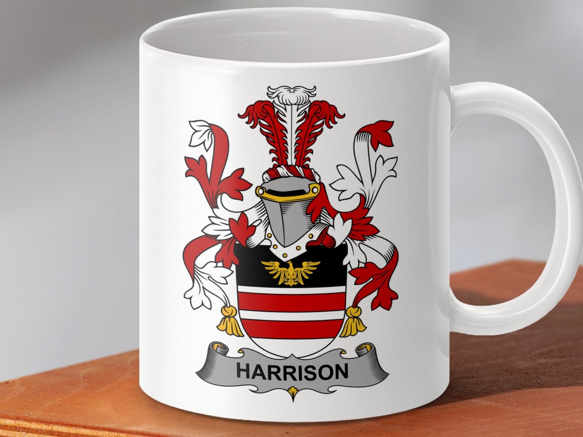 Physical Item 11oz / White Harrison Surname Irish Heraldry Ceramic Mug