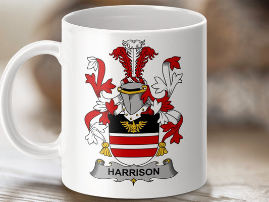 Physical Item 11oz / White Harrison Surname Irish Heraldry Ceramic Mug