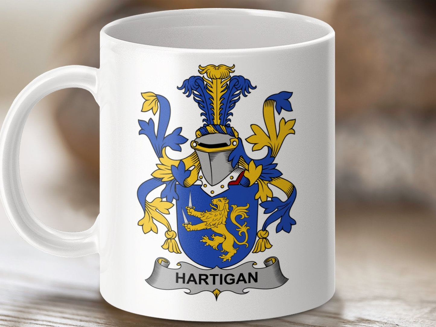 Physical Item 11oz / White Hartigan Surname Irish Heraldry Coat of Arms Mug