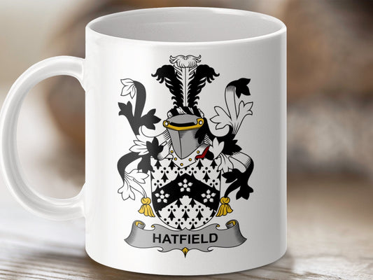 Physical Item 11oz / White Hatfield Surname Irish Heraldry Ceramic Mug