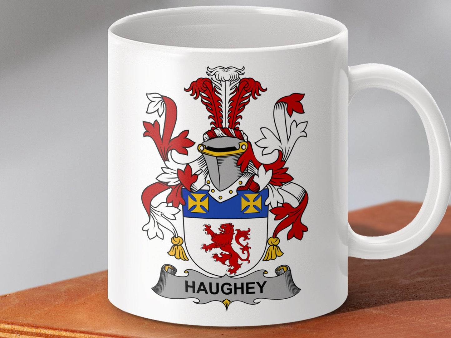 Physical Item 11oz / White Haughey Surname Irish Heraldry Ceramic Mug