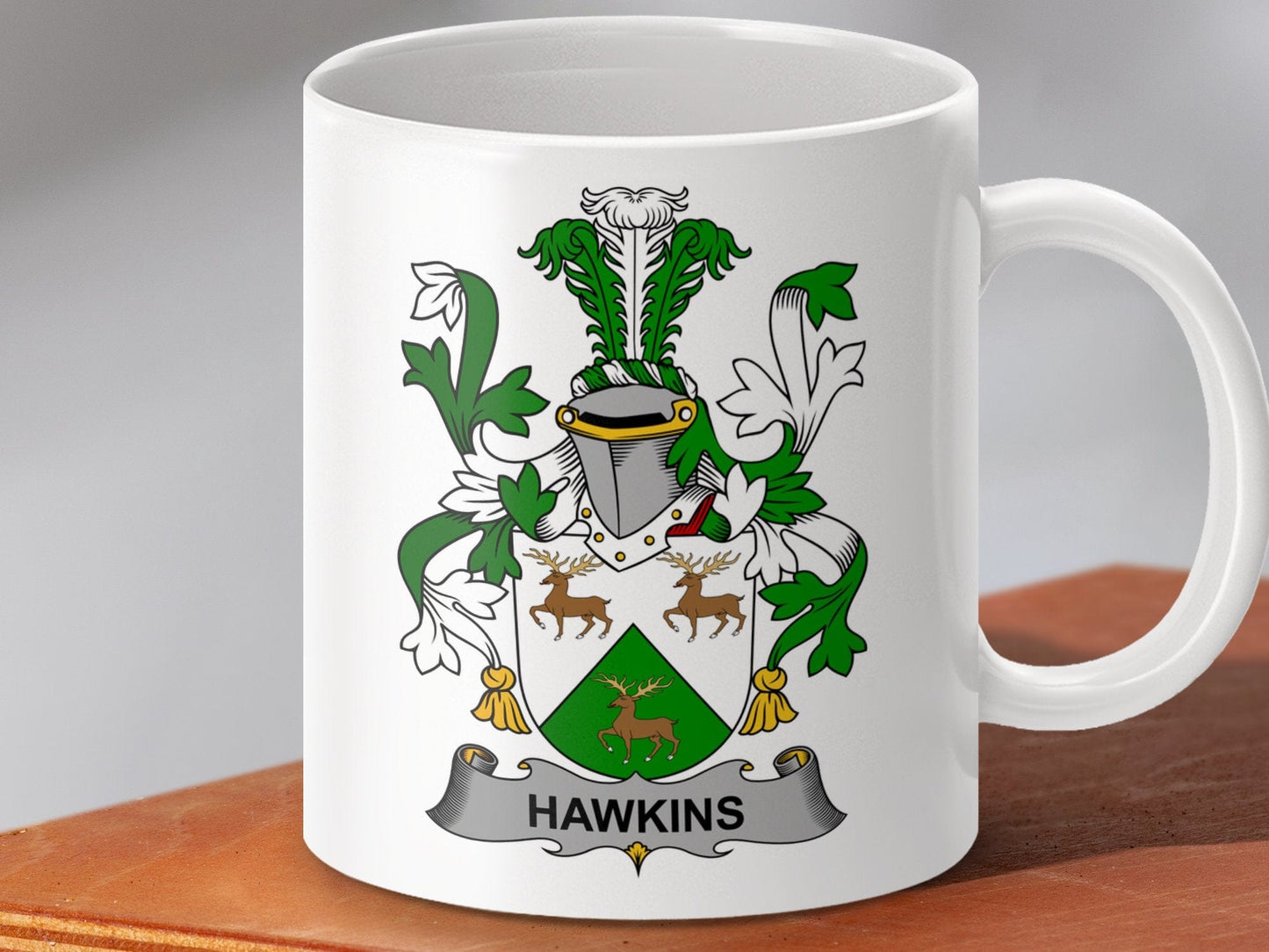 Physical Item 11oz / White Hawkins Surname Irish Heraldry Ceramic Mug