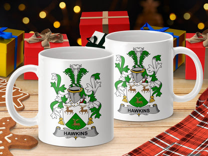 Physical Item 11oz / White Hawkins Surname Irish Heraldry Ceramic Mug