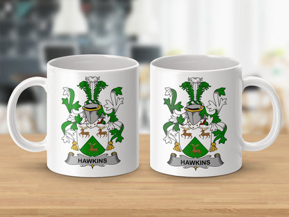 Physical Item 11oz / White Hawkins Surname Irish Heraldry Ceramic Mug