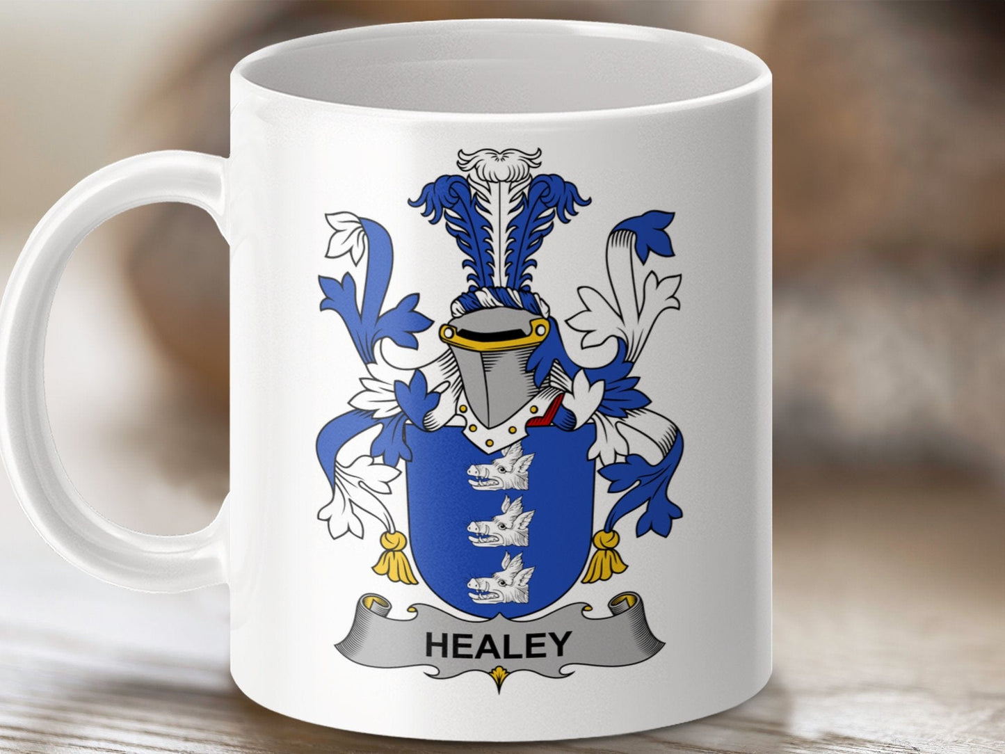 Physical Item 11oz / White Healey Surname Irish Heraldry Ceramic Mug